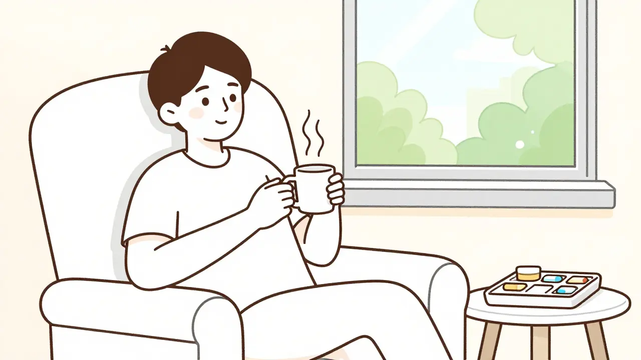 Person relaxing in armchair beside medication organizer