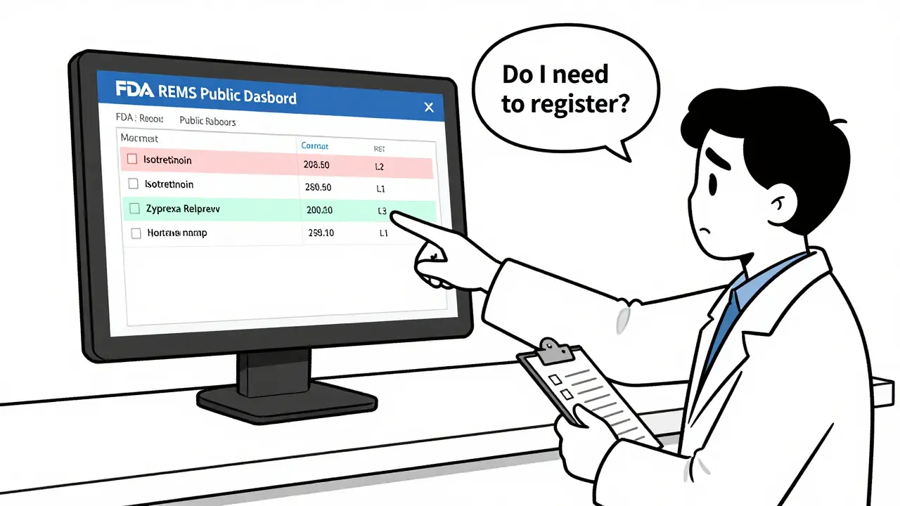 Pharmacist showing a patient the FDA REMS dashboard on a screen while holding a clipboard.