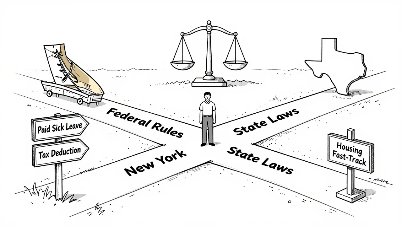 Small business owner at a crossroads with paths labeled by U.S. state-specific laws.