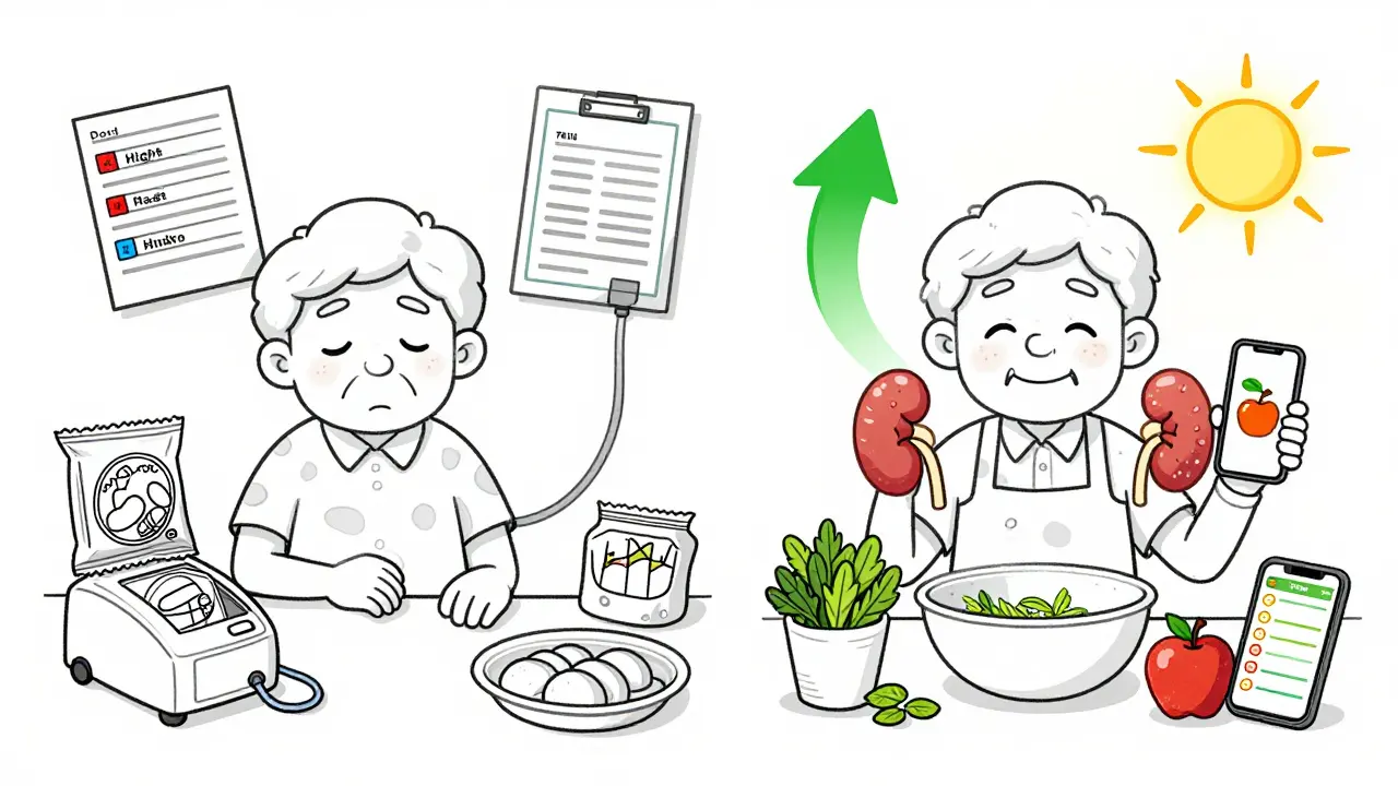 Split image: left shows illness from poor diet and dialysis, right shows healthy cooking and hope with apples and food tracking.
