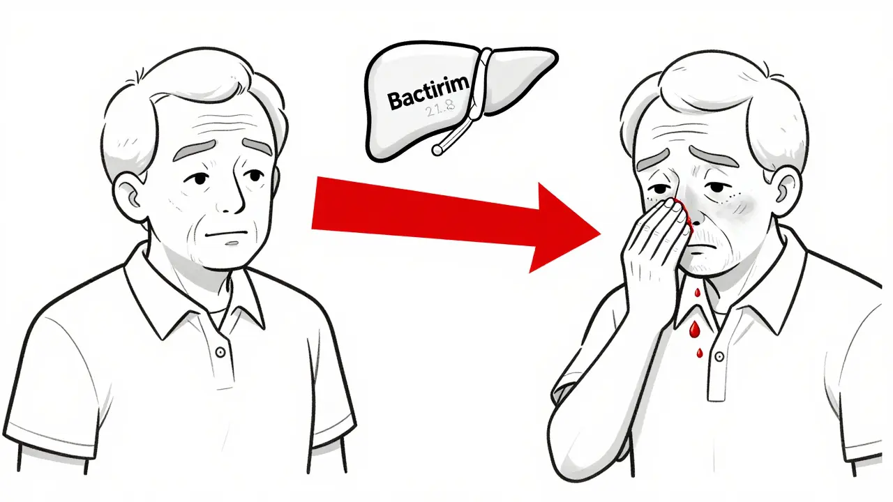 Split image of a man before and after Bactrim use, showing INR spike and bleeding symptoms.