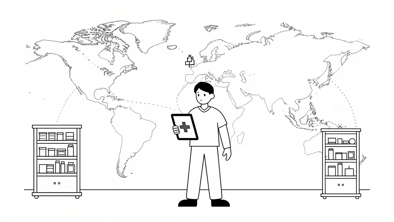 Stylized illustration of accessing healthcare services via technology abroad
