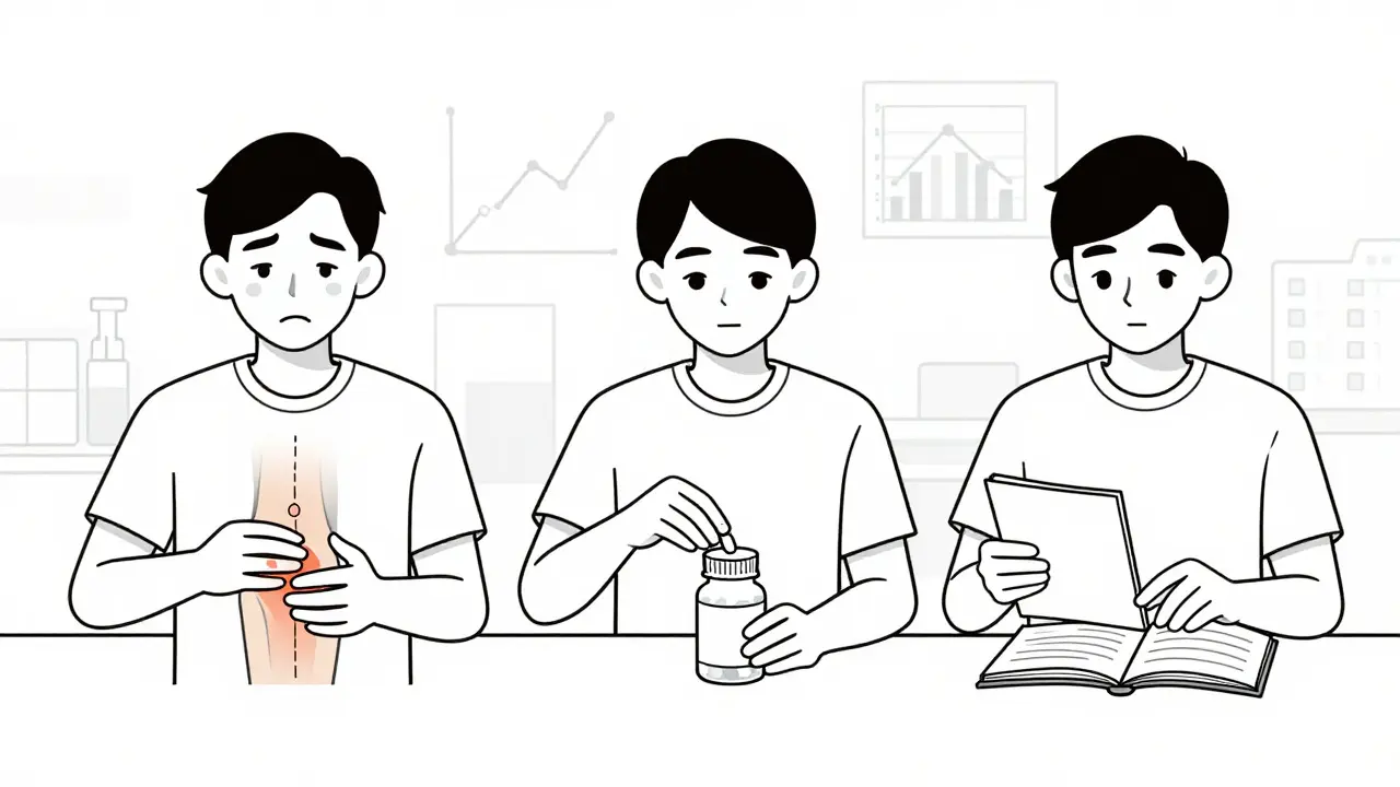 Three people benefiting from acupuncture: one with knee pain, another reducing pills, and a third tracking progress in a journal.