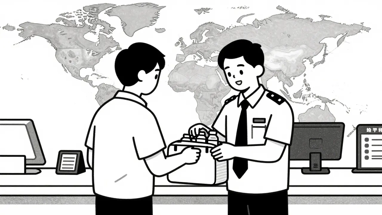 Traveler presenting medications at an airport customs inspection checkpoint