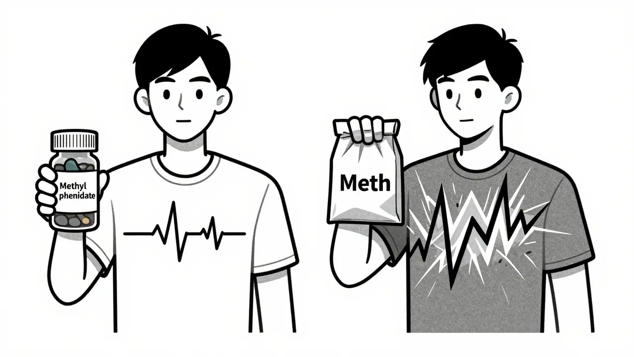 Two figures contrast: one with a steady heartbeat, another with chaotic electrical spikes from a street drug.
