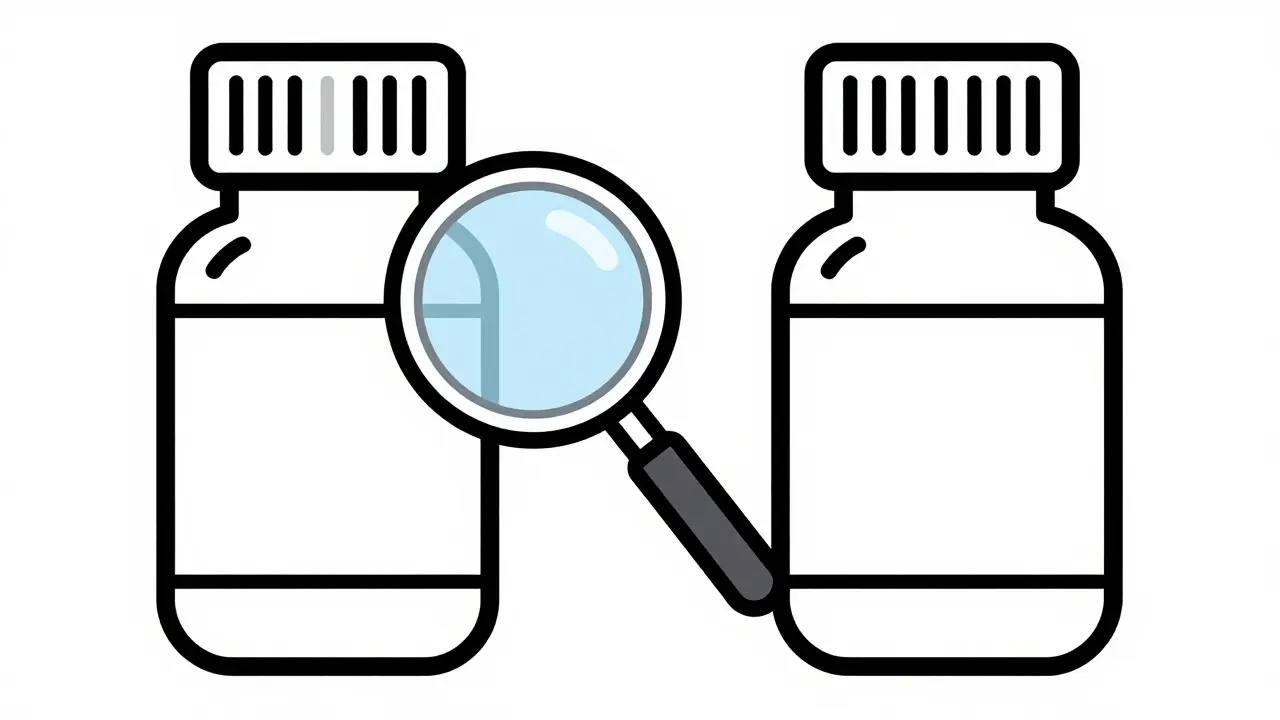 Two medicine bottles under magnifying glass, symbolizing generic bioavailability differences.
