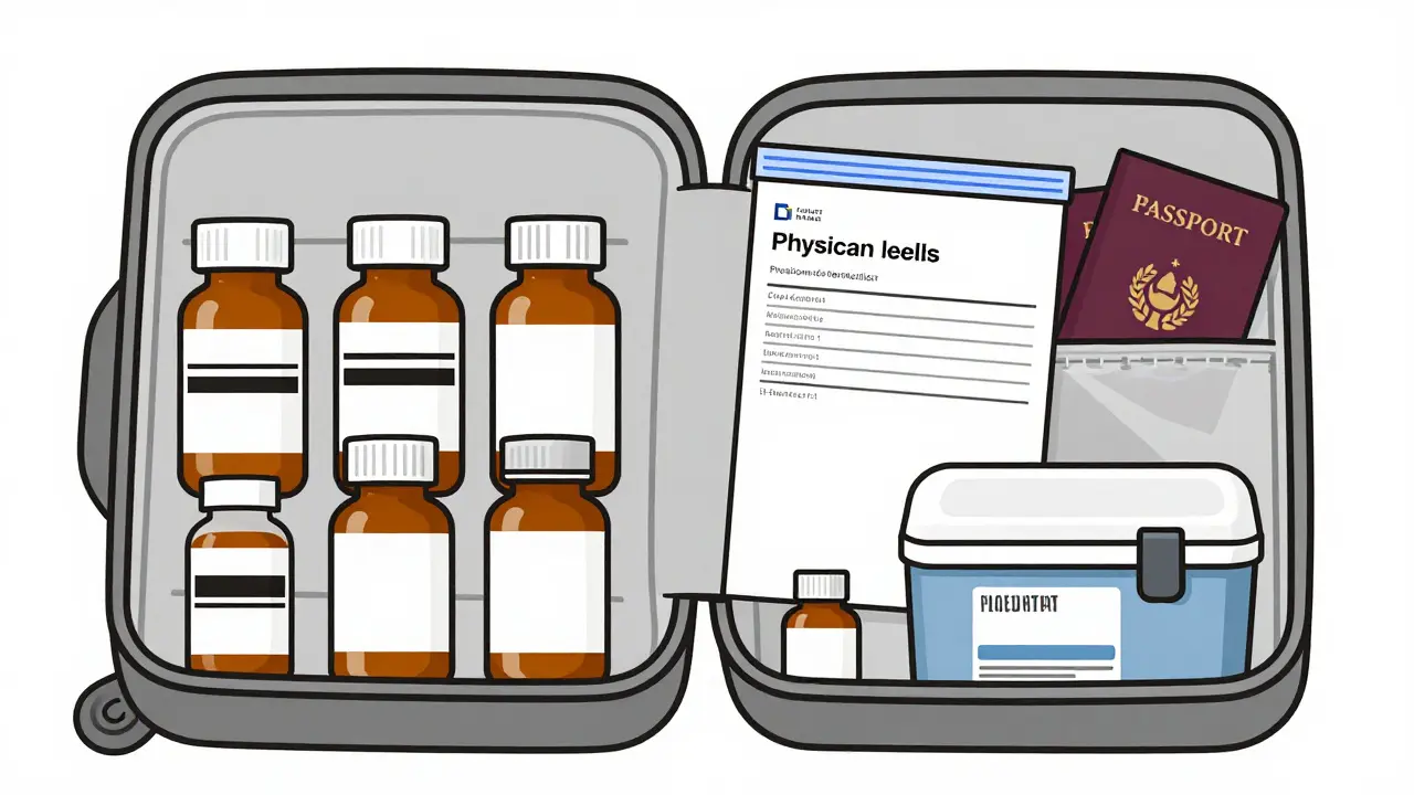 Carry-on bag with properly packed prescription medications