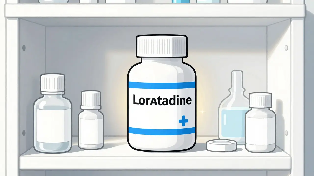 Clean illustration of a generic loratadine bottle stored in a tidy medicine cabinet.