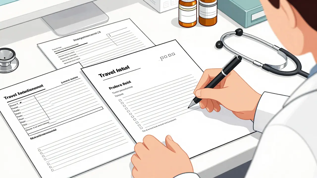 Doctor's desk with travel medication letter documentation