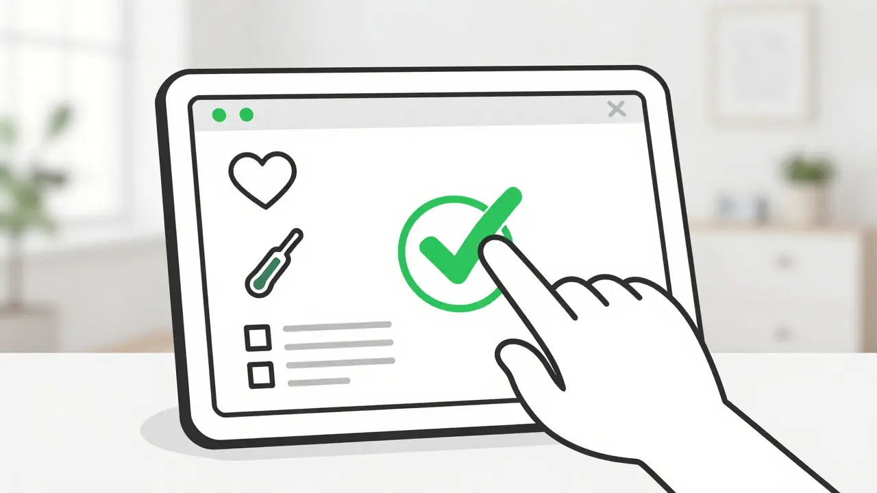 Hand using a digital health checklist on a tablet to track vital signs.