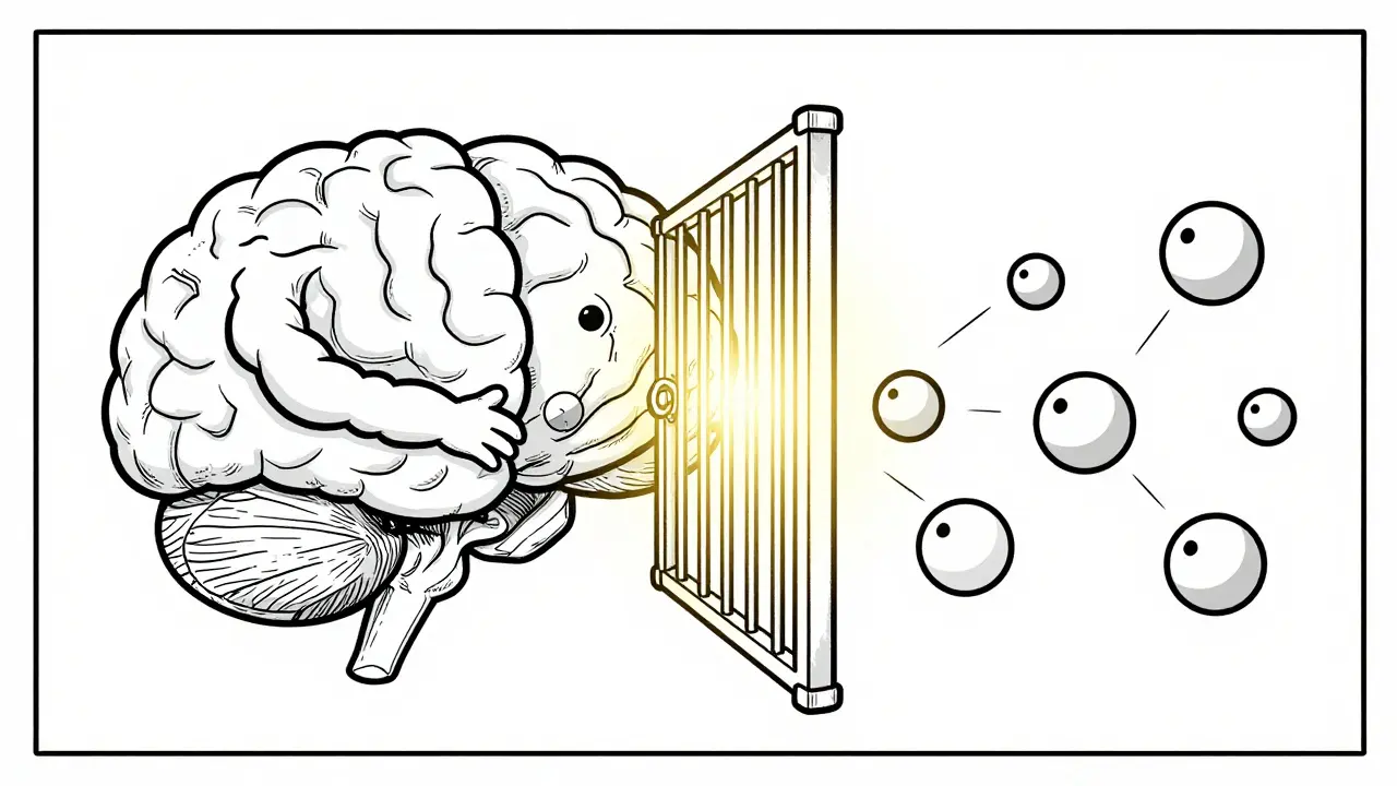 Line art diagram showing molecules interacting with the blood-brain barrier