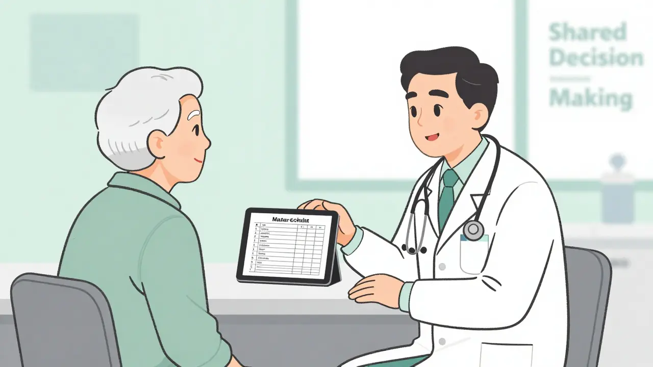 Line art illustration of a doctor and an elderly patient reviewing a medication list together.