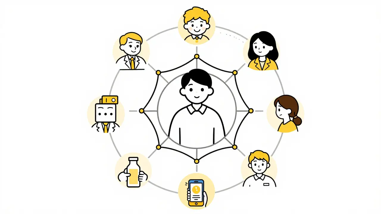 Line art illustration of a person surrounded by a supportive network of healthcare and peer support.