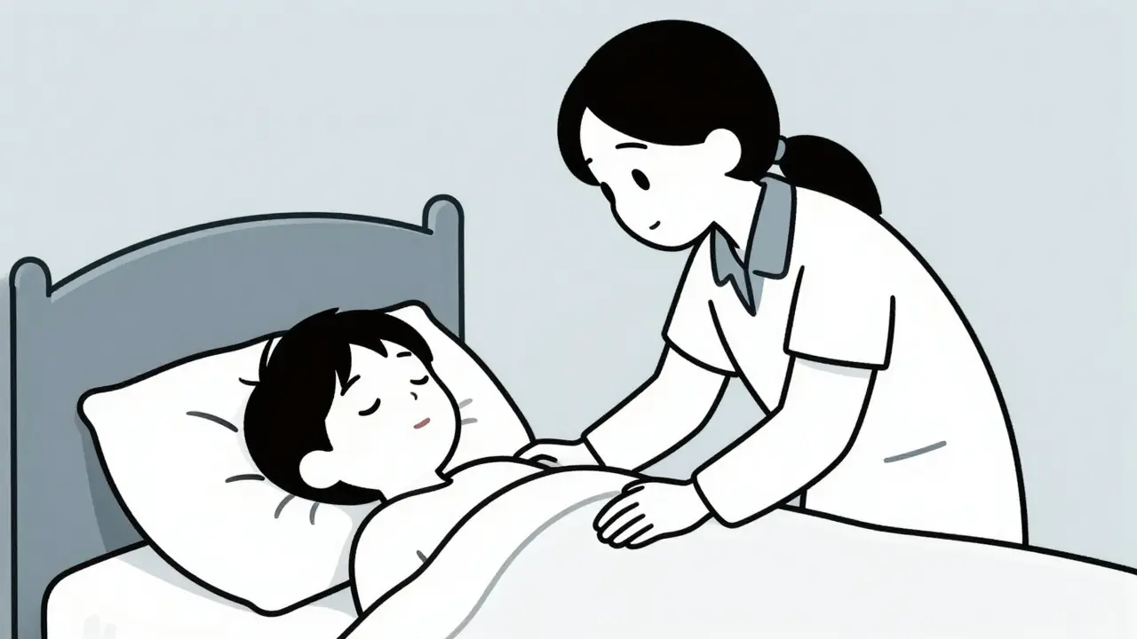 Line art of a caregiver calmly guiding a sleepwalker back to bed with a soothing gesture.