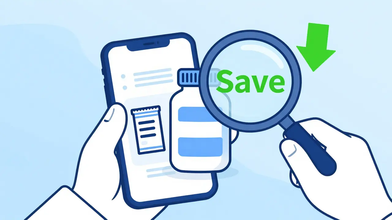 Line art of a hand using a smartphone to compare prices between small and bulk generic medicine bottles.