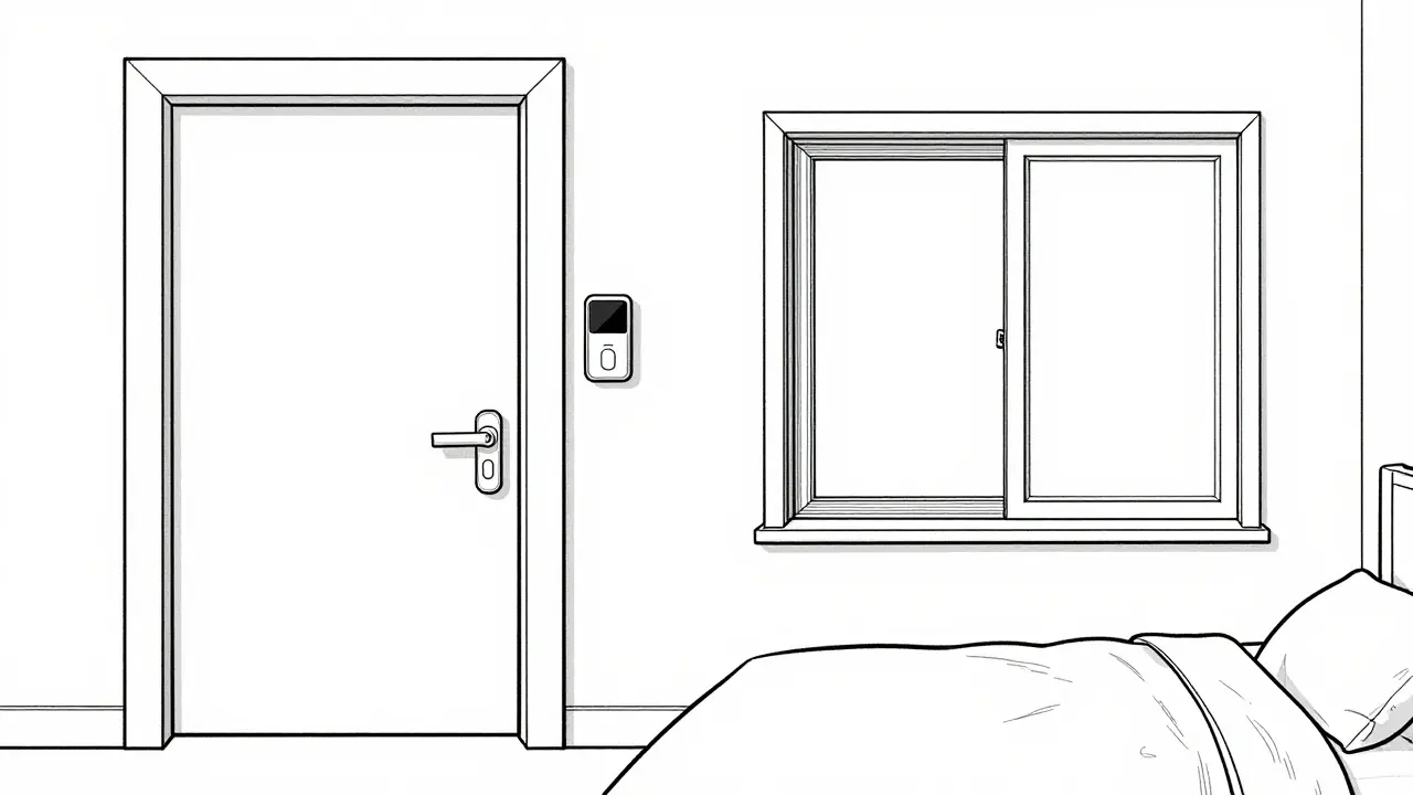 Line art showing a bedroom door alarm and a secure window lock for parasomnia prevention.