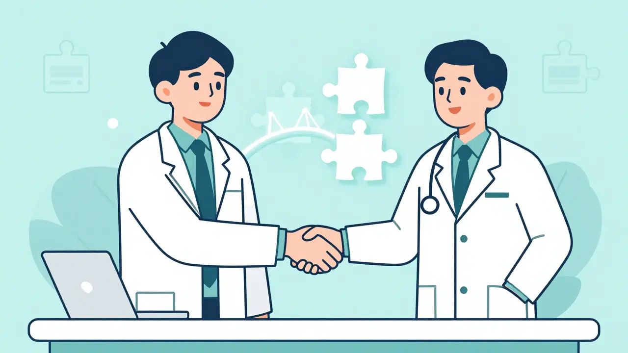 Line art showing a pharmacist and psychiatrist collaborating on a patient care plan.