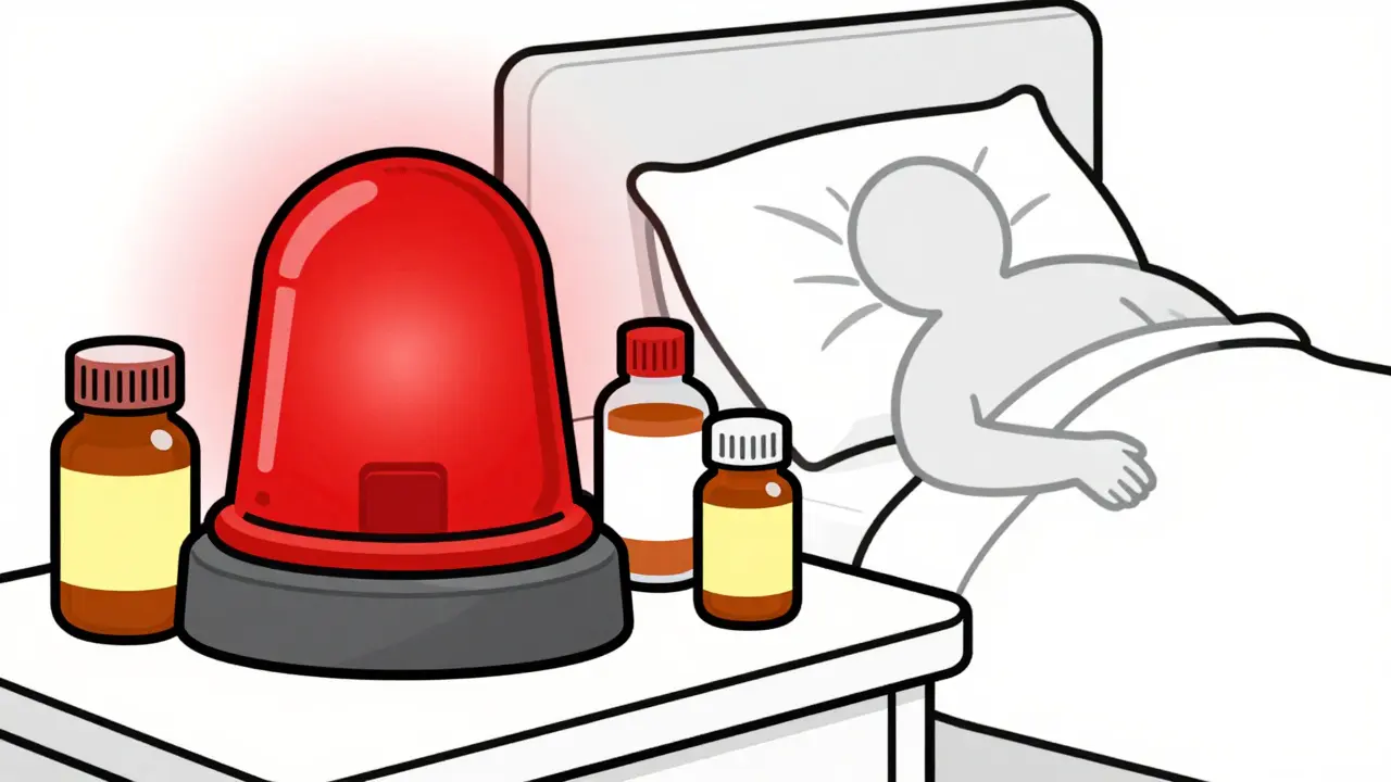 Line art showing a red warning light next to medicine bottles and a symbol of a fall.