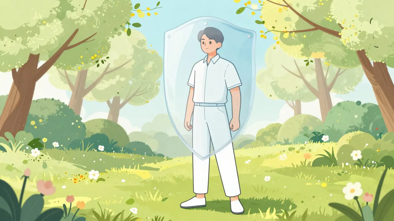 Person in a spring park protected by a shimmering shield from pollen