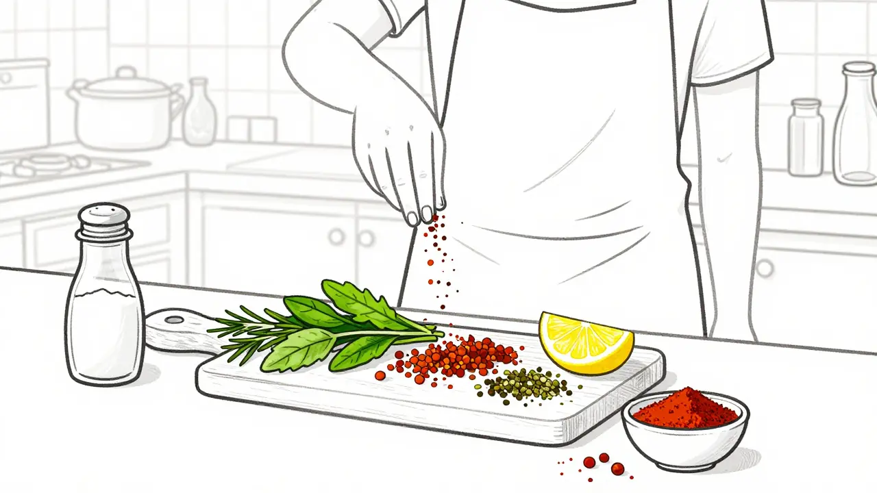 Person seasoning food with fresh herbs, lemon and spices instead of salt