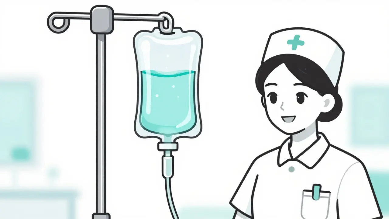 Professional IV infusion process with a drip bag and medical supervision.