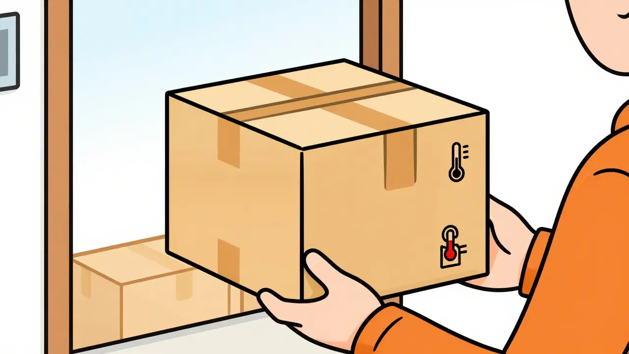 Securely packaged medical shipment arriving at a home delivery point.