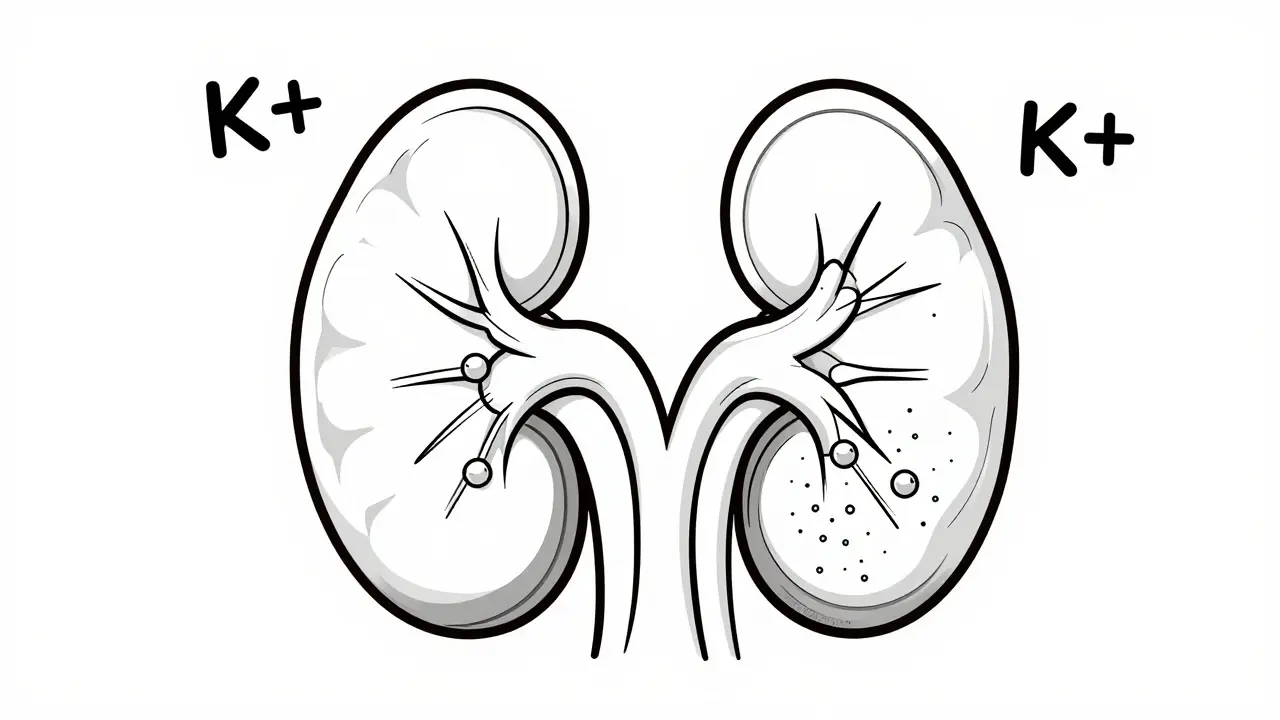 Stylized illustration of kidneys retaining potassium particles