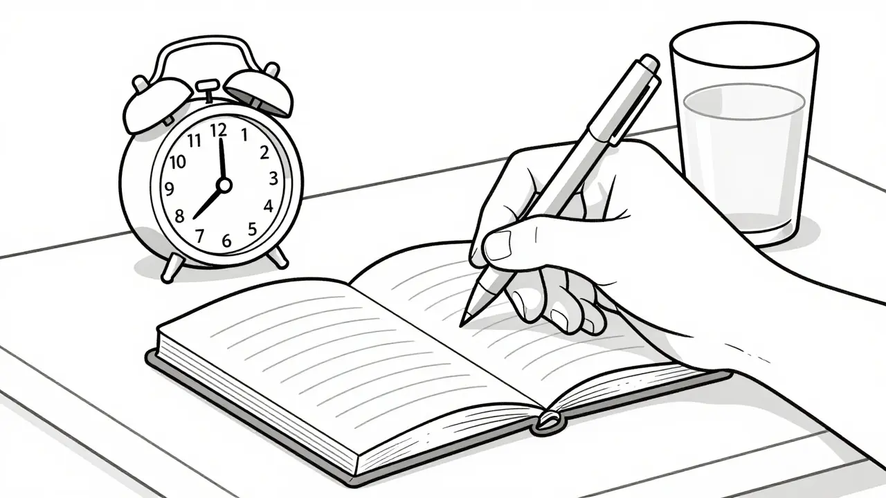 Black and white line drawing of a hand writing in a bedside notebook for therapy.