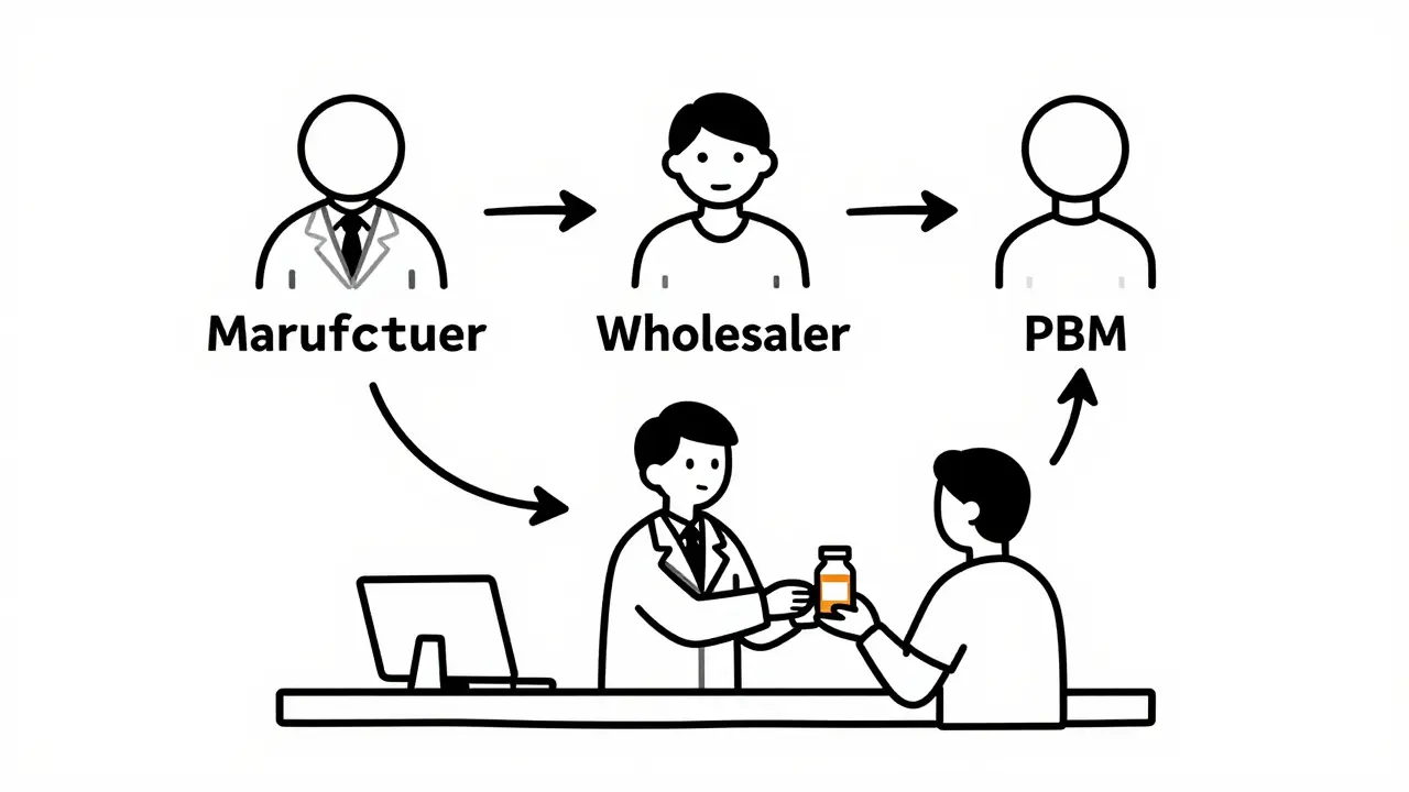 Conceptual line drawing of financial interactions between drug stakeholders and patients.