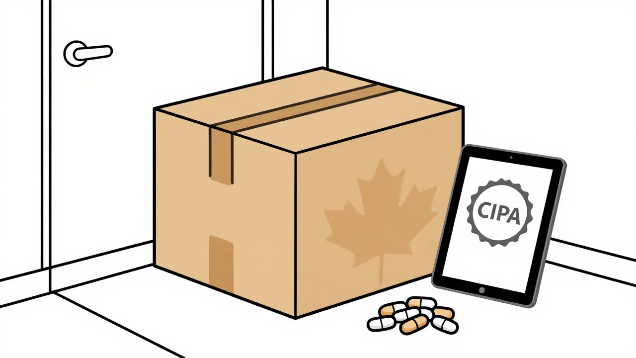 Delivery box from Canada with certification seal and generic pills