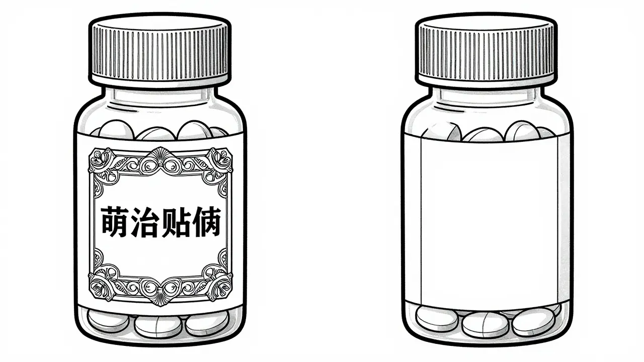Illustration comparing branded and generic pill bottles with identical contents.