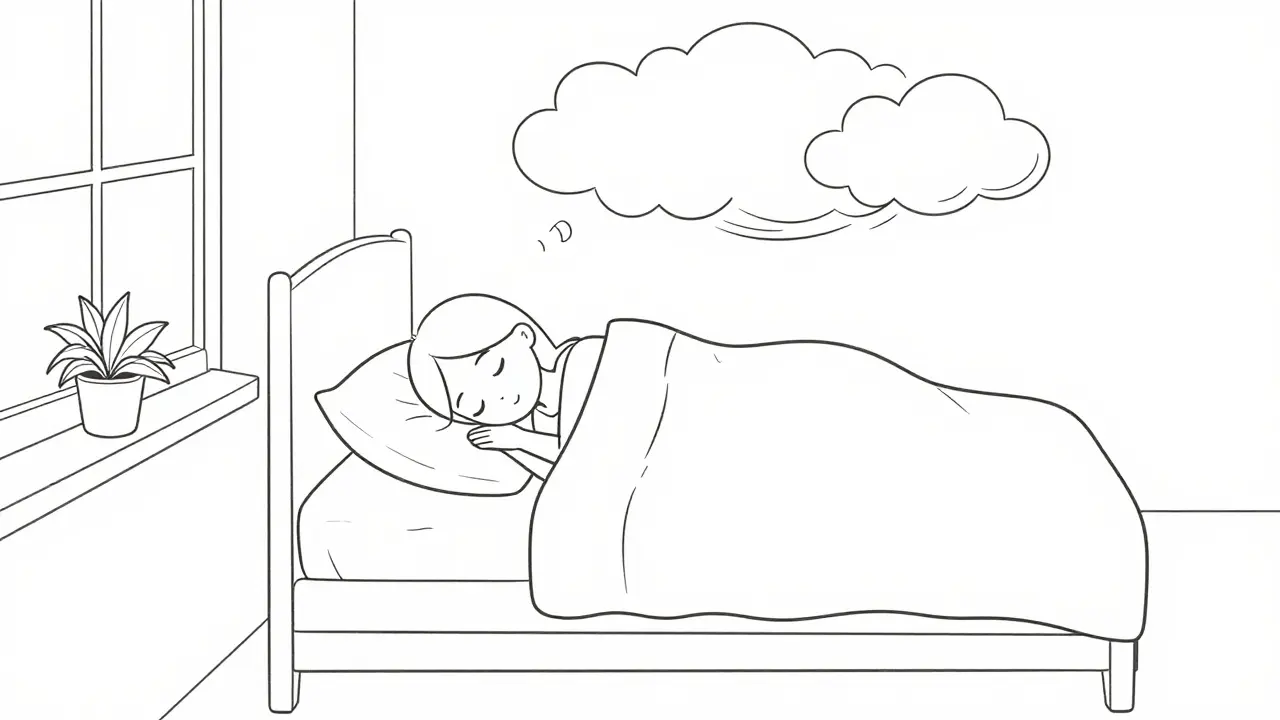 Illustration of a person sleeping peacefully in a calm, safe bedroom environment.