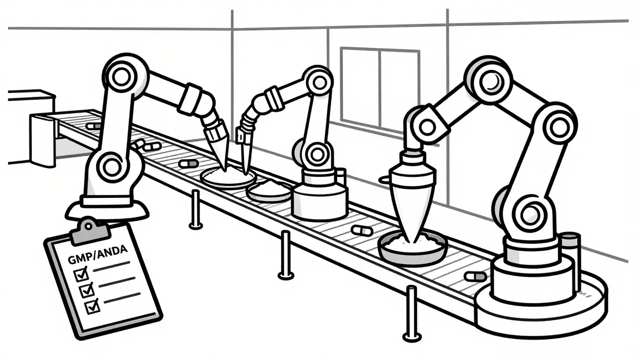 Illustration of automated pill manufacturing process with quality control checks.