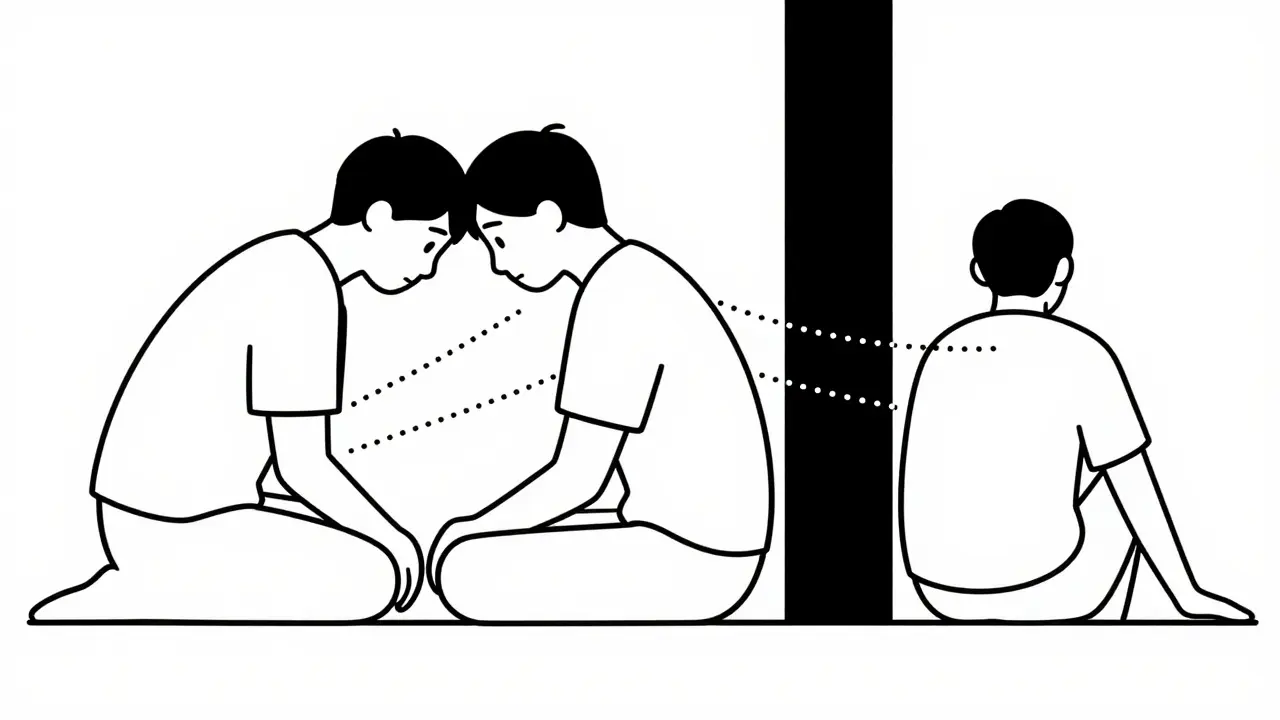 Illustration showing grief seeking connection while depression isolates