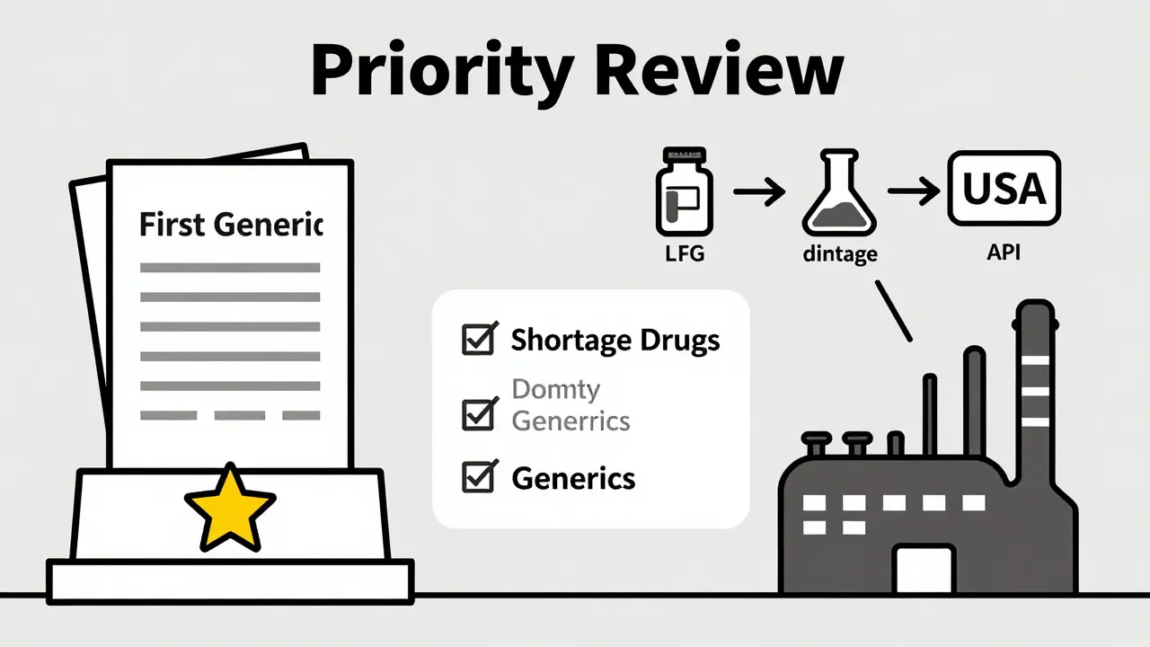 Illustration showing priority review criteria including first generics, shortages, and US manufacturing.