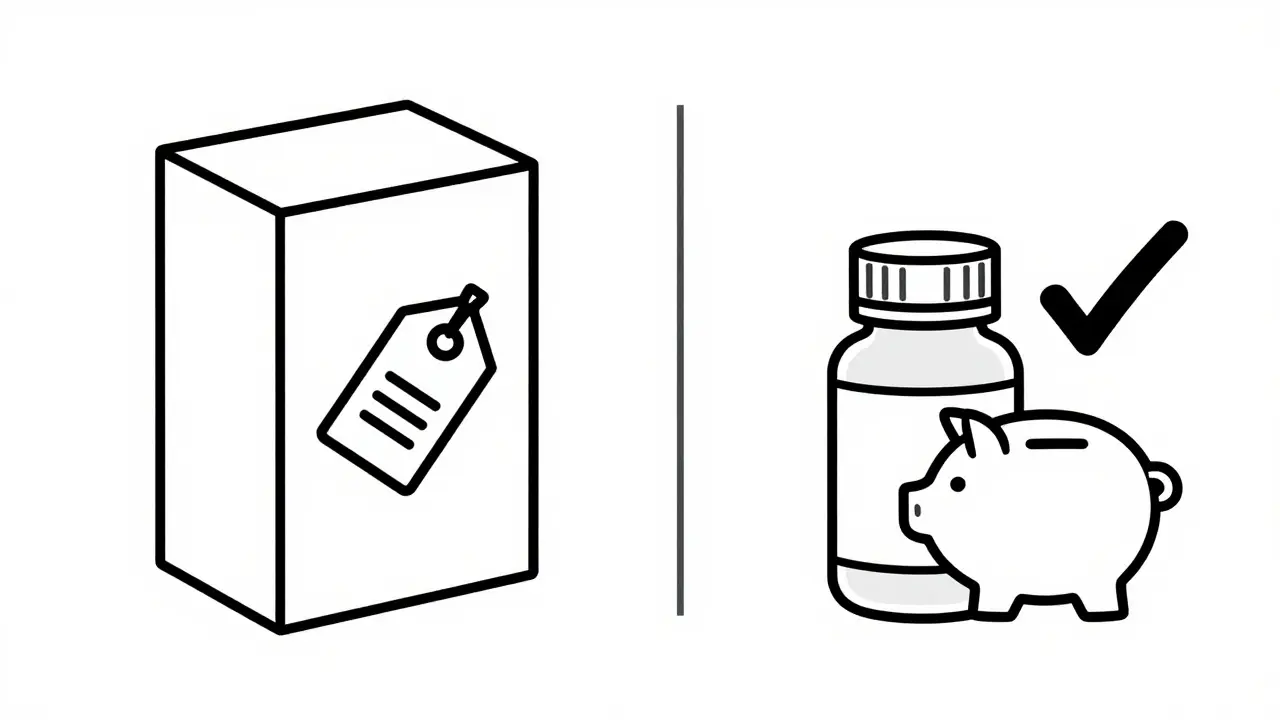 Line art comparing brand vs generic drug costs