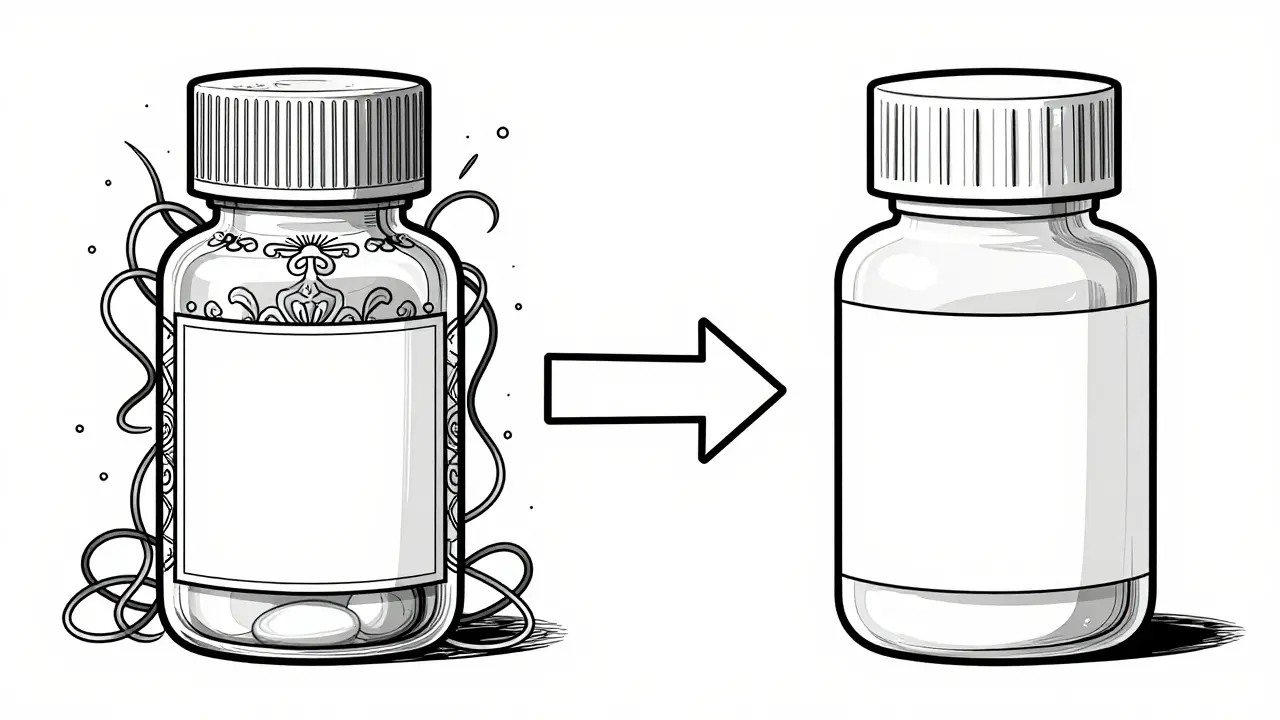 Line art comparing complex brand vs simple generic pills