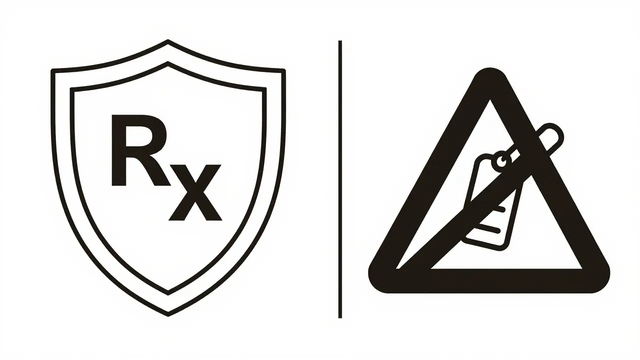 Line art contrasting safe pharmacies with prescription vs unsafe vendors