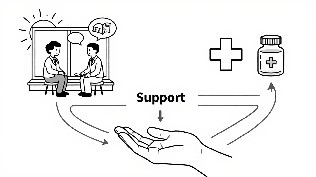 Line art depicting different treatment paths for grief and depression