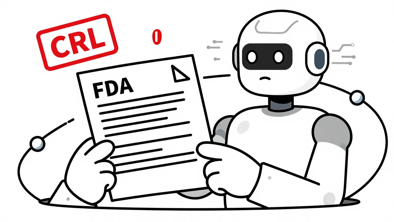 Line art drawing of FDA review process with CRL delays and future AI assistance concepts.