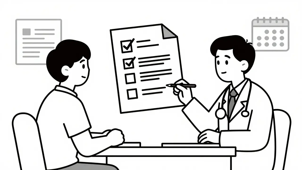 Line art of doctor approving prior authorization for patient
