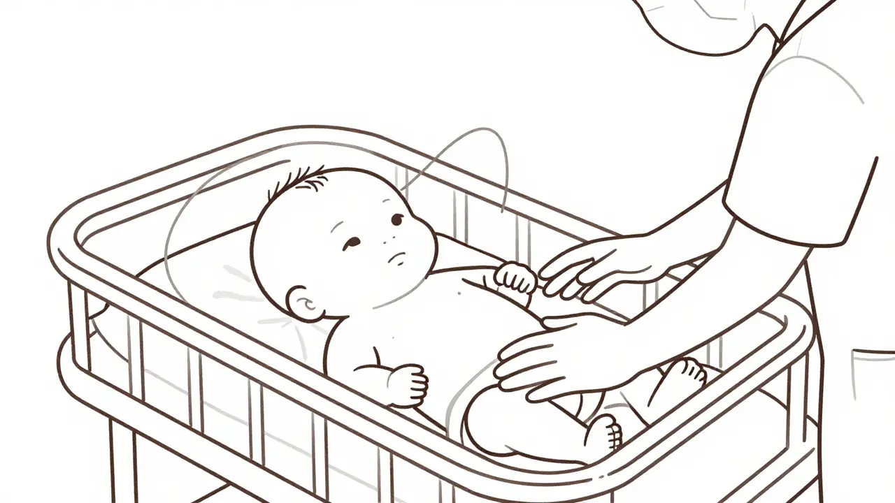Line art of newborn in hospital bed being monitored by a nurse
