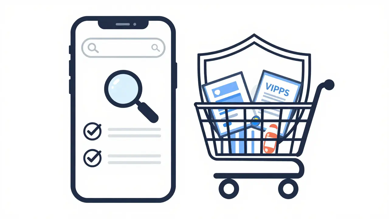 Line art showing safe online pharmacy verification with a shield and phone.