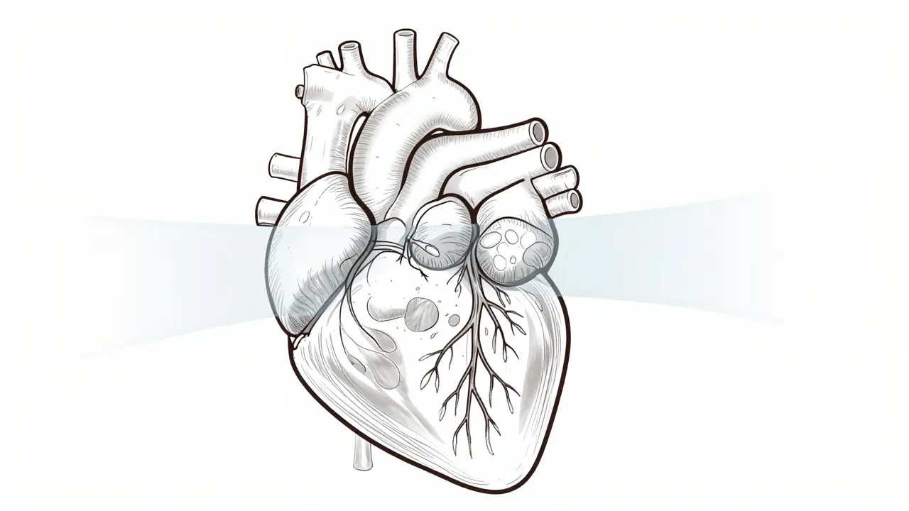 Line drawing of fetal heart showing conotruncal area and drug exposure