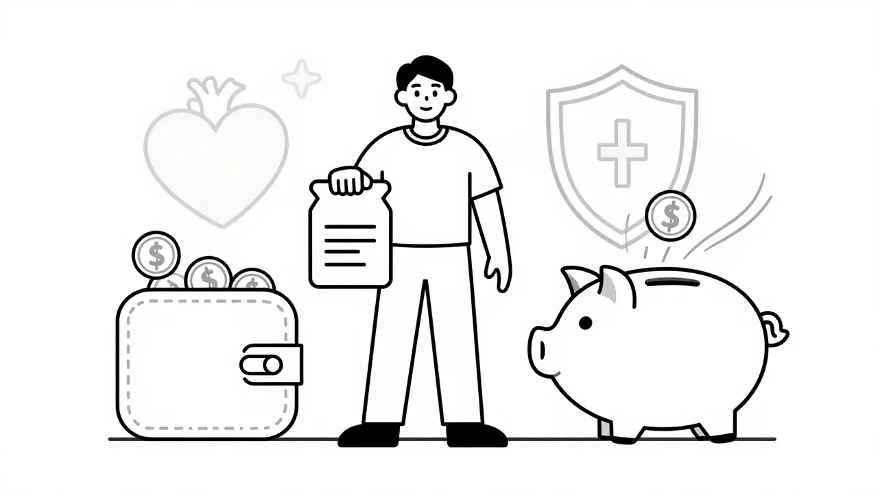 Line drawing of patient saving money with generic medication