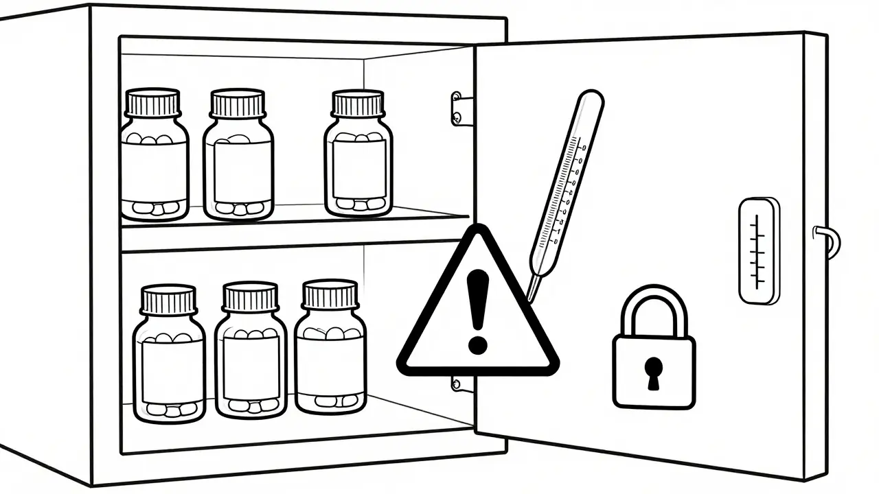 Line drawing of safe medication storage and safety warnings