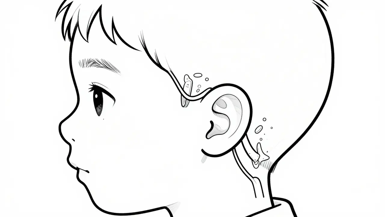 Simplified line drawing of ear anatomy and infection