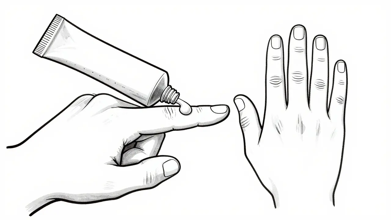 Black and white line drawing demonstrating the fingertip unit measurement for cream application.