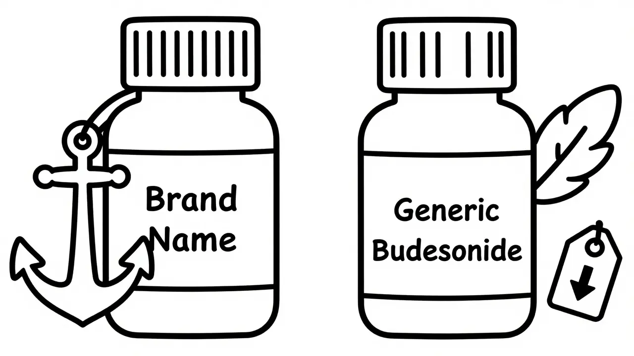 Illustration comparing heavy brand-name drug costs vs lightweight generic savings
