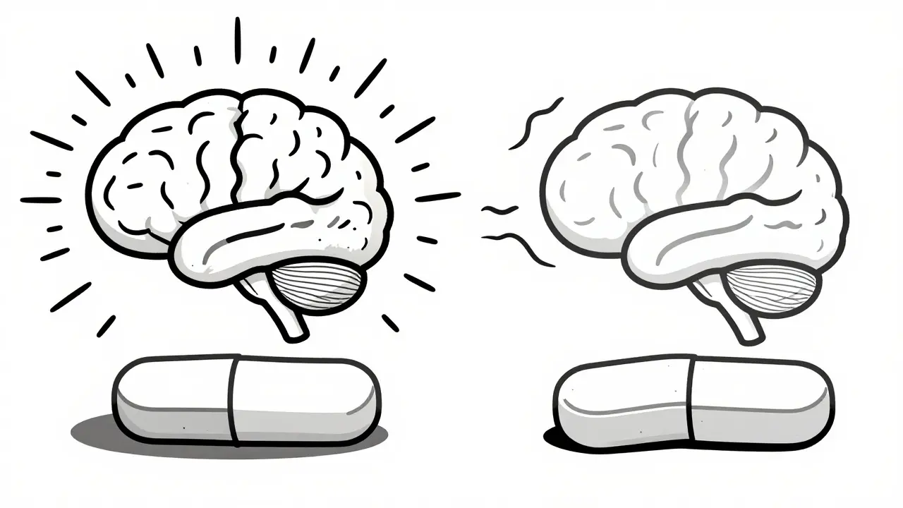 Illustration of brain influencing perception of identical pills
